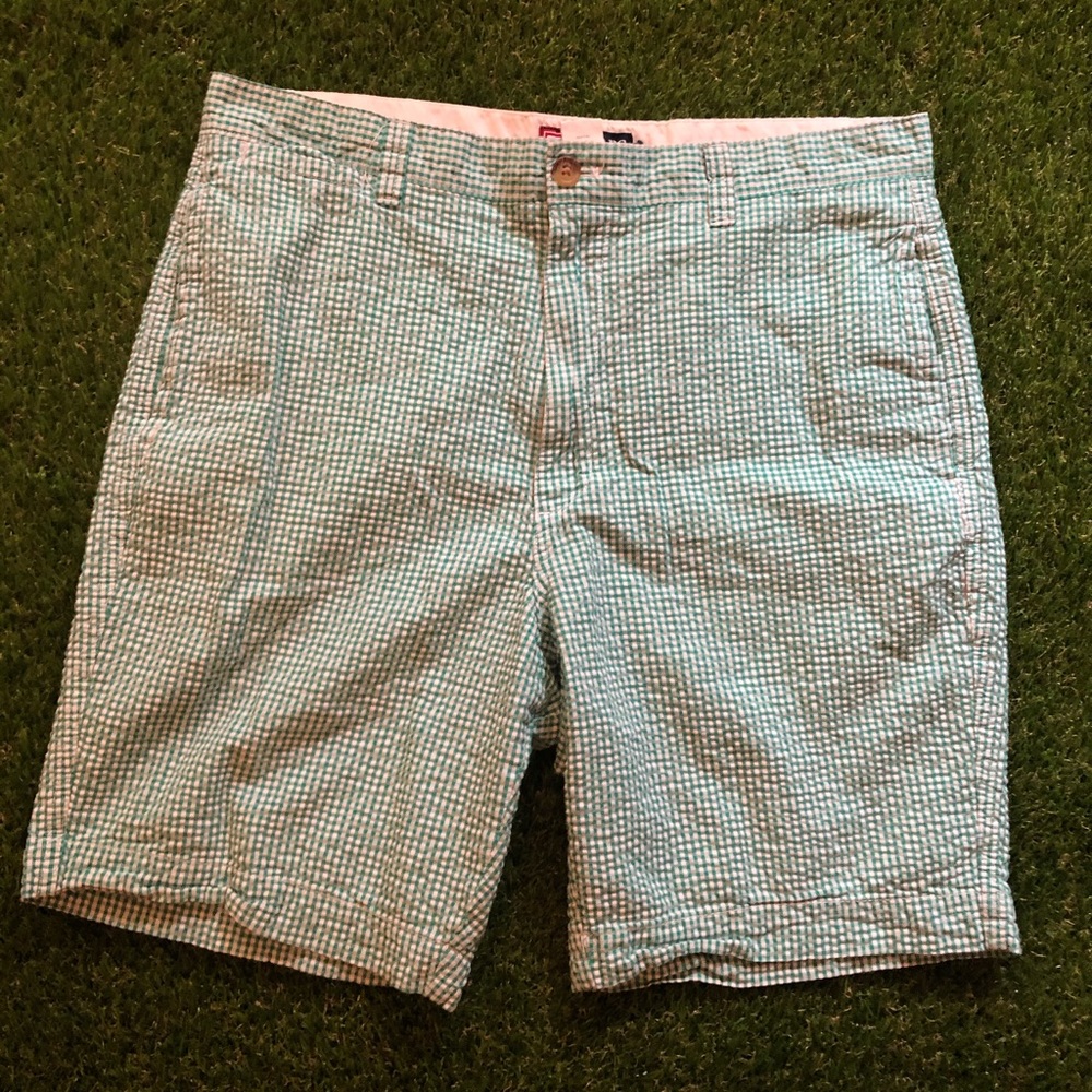 Vintage Mens 34 Waist Chaps Green White Seersucker Bermuda Shorts